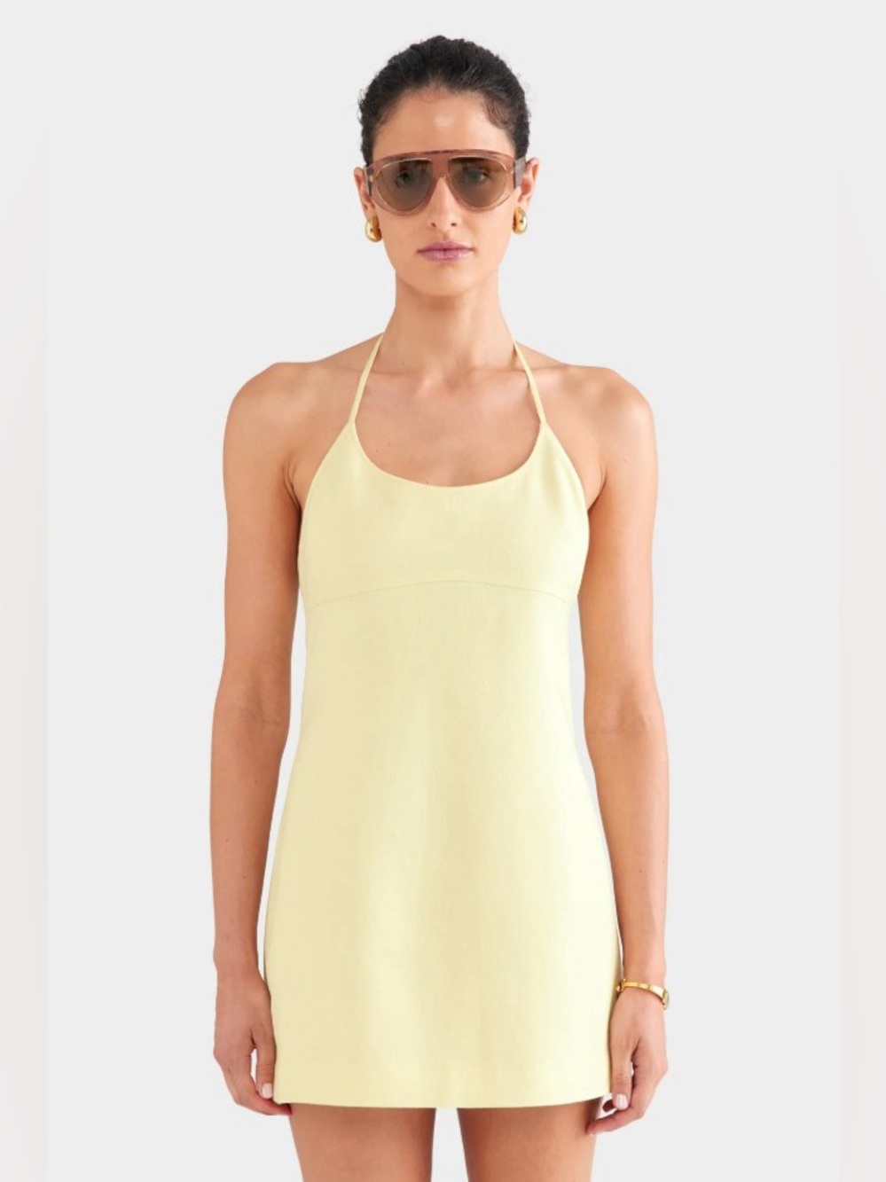Venroy 100% Linen Halter Neck Scoop Neck Mini Dress Pastel Yellow S NWOT